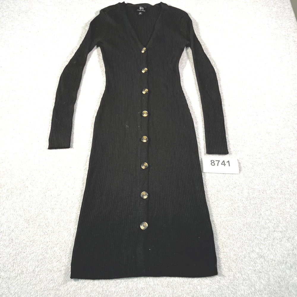 Derek Heart Sweater Dress Womens Small Black Rayon Ribbed Knit Button Front